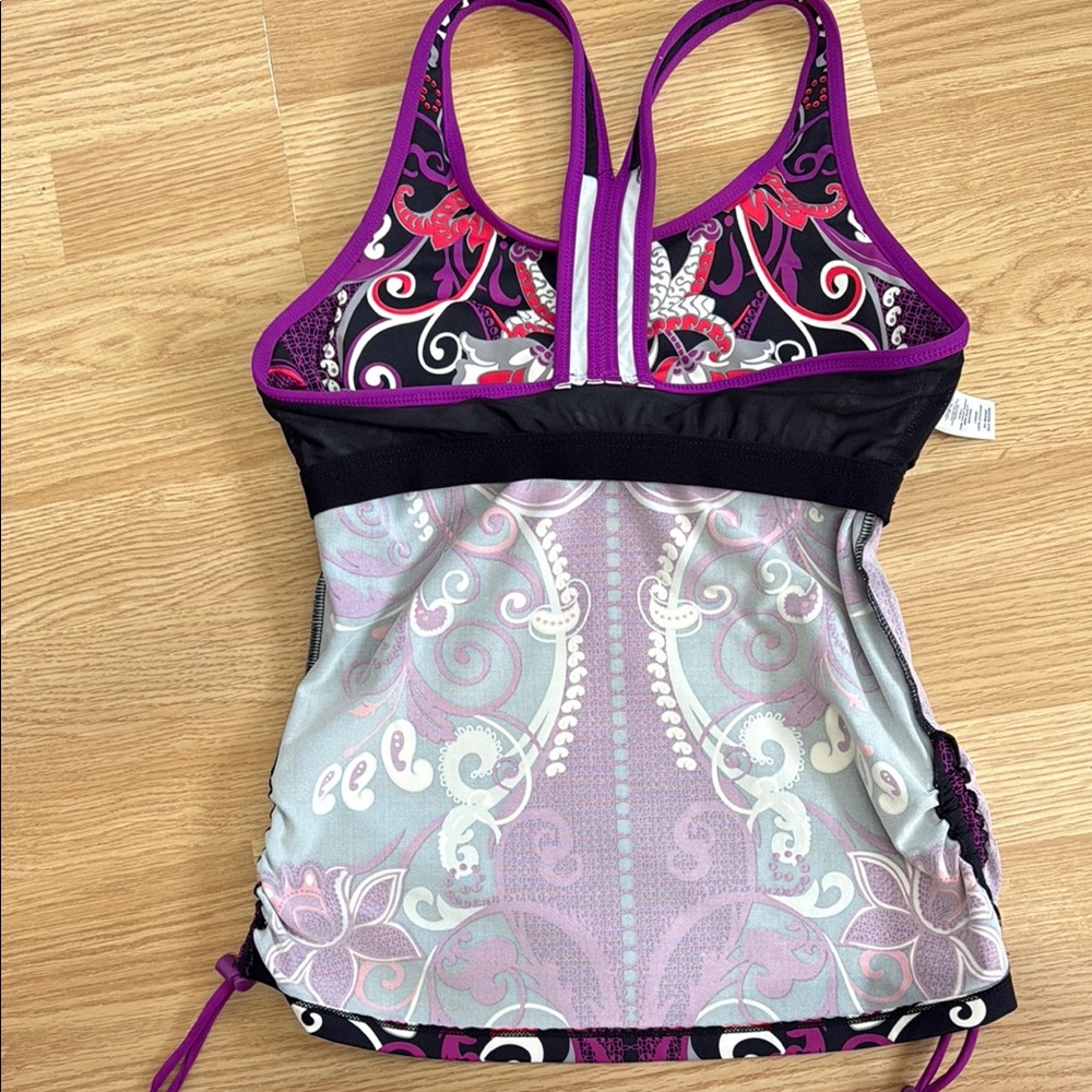 Athleta Purple Black Pink Print Adjustable Ruched Tankini Swim Top Built In Bra - Picture 9 of 9